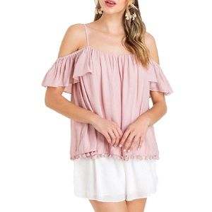 NWT Lush Pom Pom Cold Shoulder Top - M